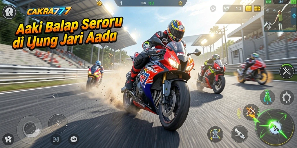 Screenshot game CAKRA777 dengan aksi balap motor yang mendebarkan.