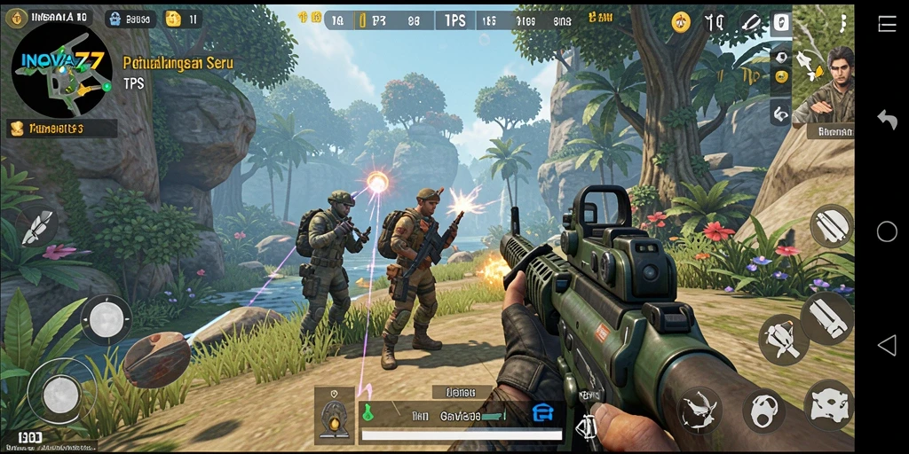 Tangkapan layar utama INOVA77 menampilkan aksi seru dalam gameplay TPS.