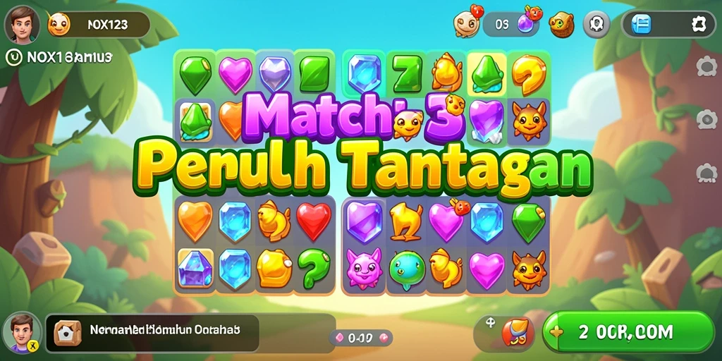 Tampilan gameplay NOX123 dengan permata berwarna-warni yang menantang.