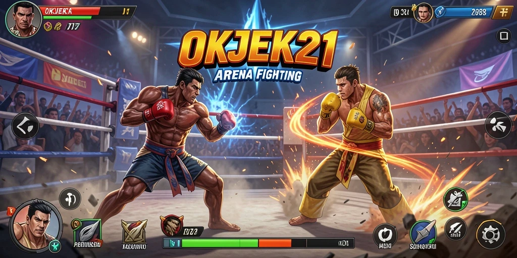Screenshot menunjukkan pertarungan epik antar karakter di OKJEK21.