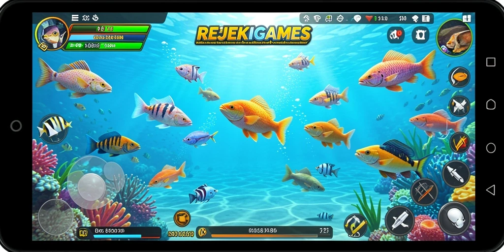 Screenshot utama menunjukkan gameplay seru dari Tembak Ikan REJEKIGAMES.