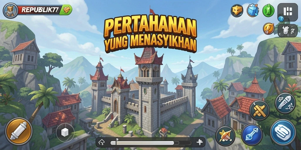 Gameplay REPUBLIK77 menampilkan menara yang dibangun untuk menghalau serangan musuh.