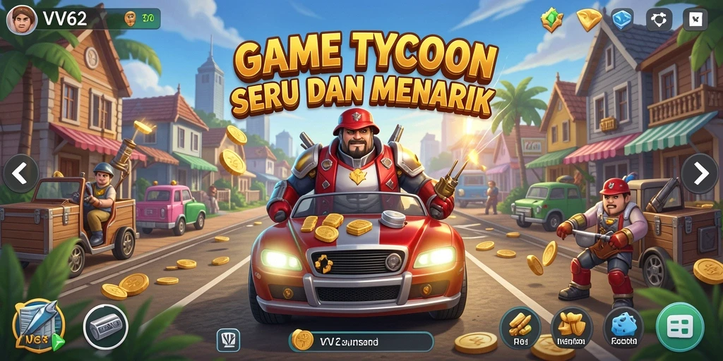 Tampilan screenshot utama VV62 menunjukkan gameplay seru Tycoon.